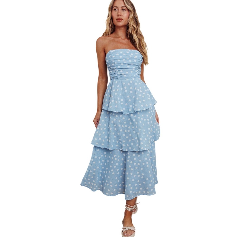 Indikah Lorcan strapless ruffle dotted midi white blue dress tie back tiered XL